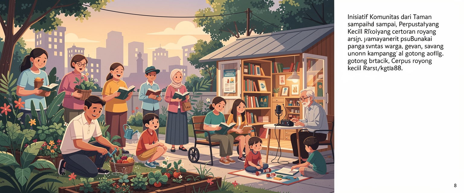 Ilustrasi inisiatif komunitas dari taman sampai perpustakaan kecil untuk Rakyat88 dengan tema arsip suara warga, cerita kampung, gotong royong, dan inisiatif komunitas lokal.