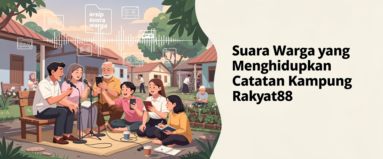 Ilustrasi suara warga yang menghidupkan catatan kampung untuk Rakyat88 dengan tema arsip suara warga, cerita kampung, gotong royong, dan inisiatif komunitas lokal.